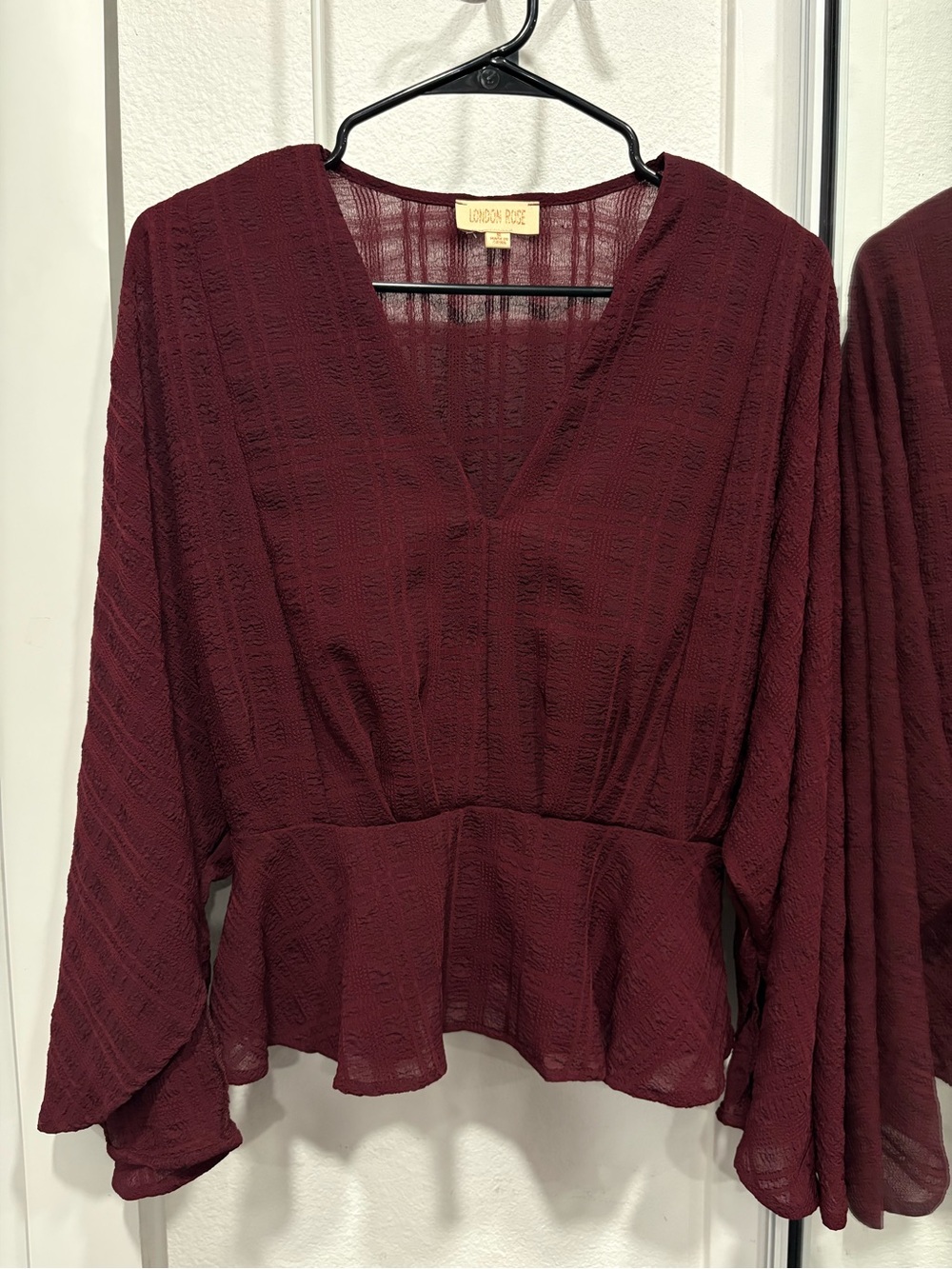 London Rose Burgundy V-Neck Peplum Blouse